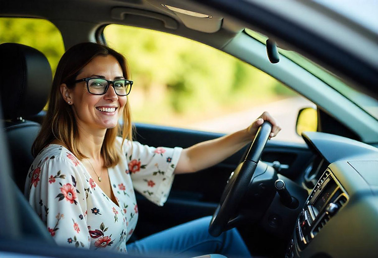 Jauna moteris savo automobilyje