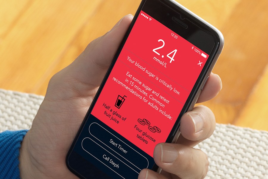 Programėlė Contour Diabetes rodo įspėjimą apie žemą gliukozės kiekį kraujyje